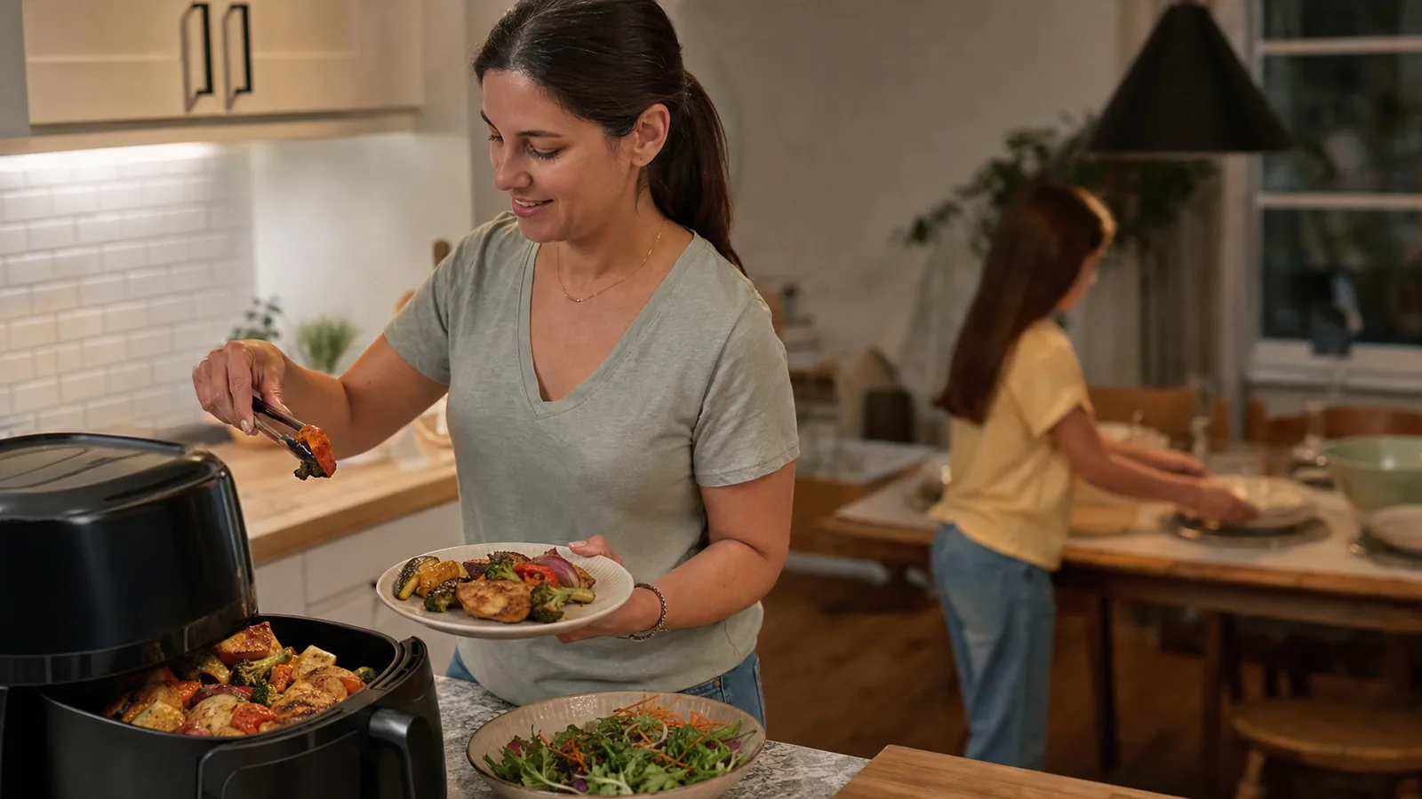 Parent serving a quick weeknight dinner from an air fryer in a real kitchen