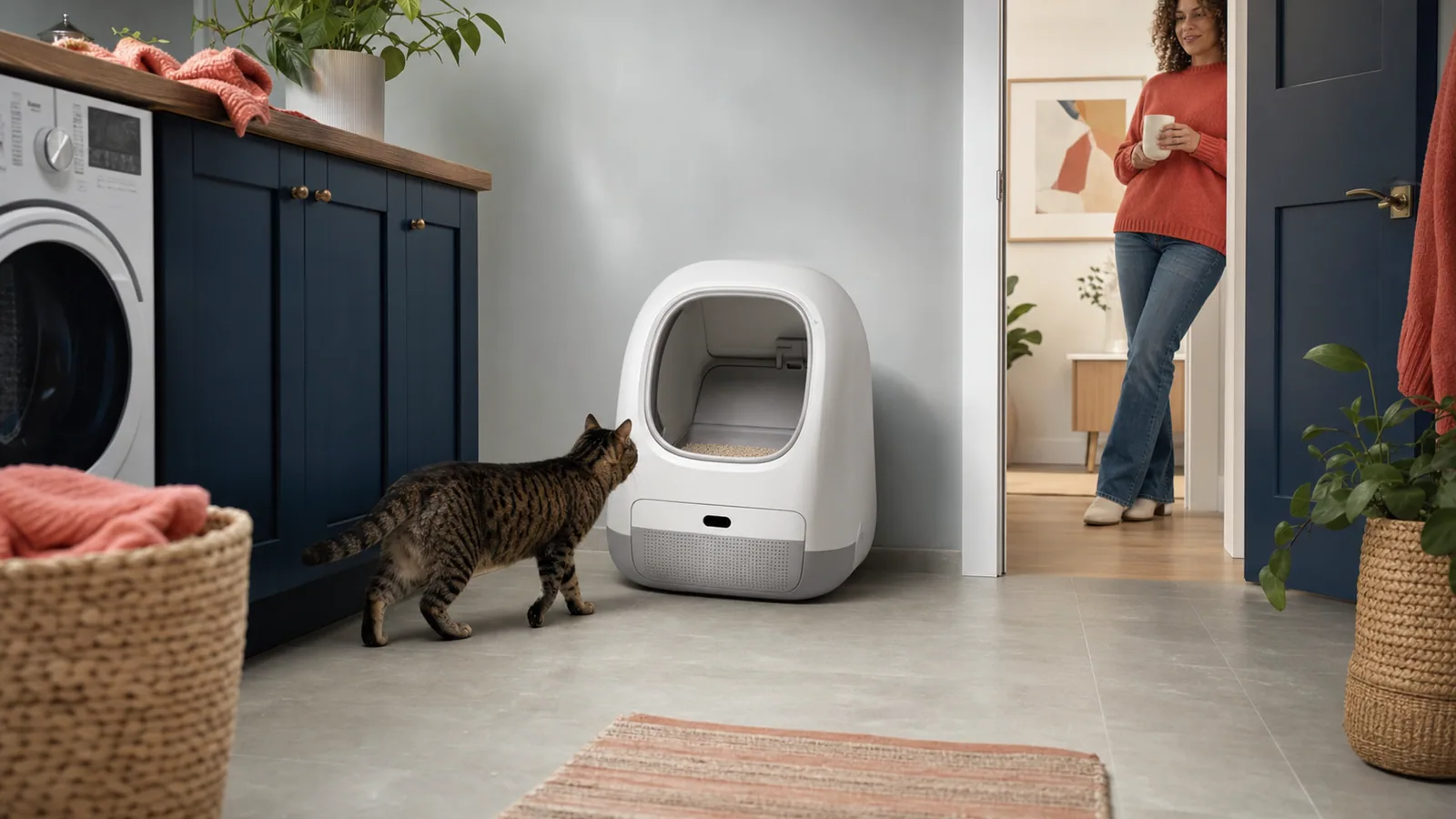 Cat approaching an automatic litter box in a quiet utility room