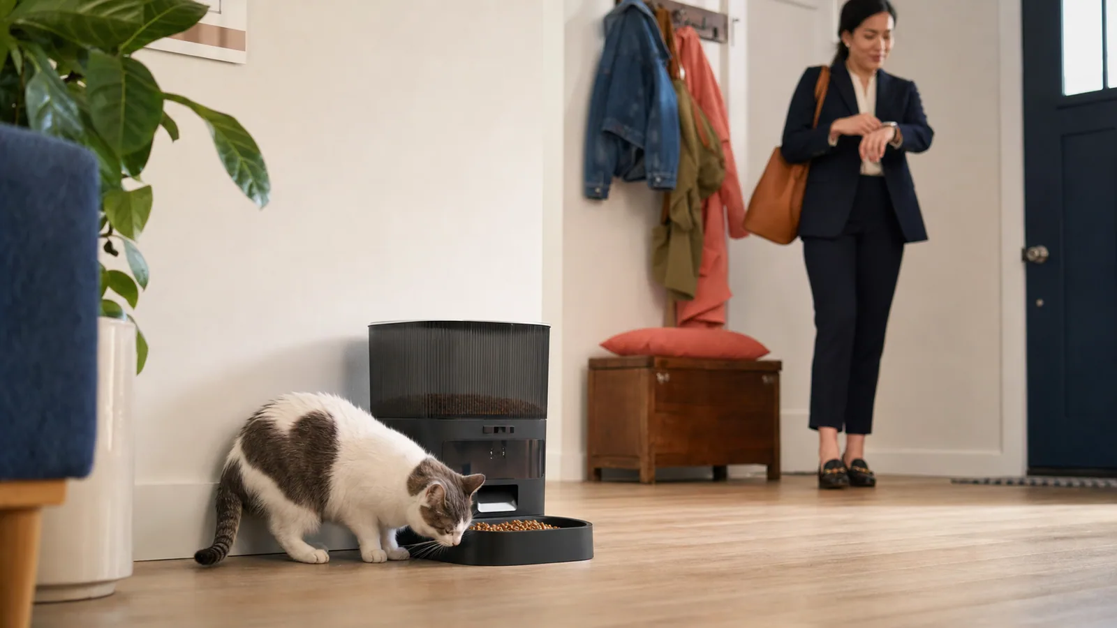 Cat eating from an automatic feeder while its owner gets ready for work