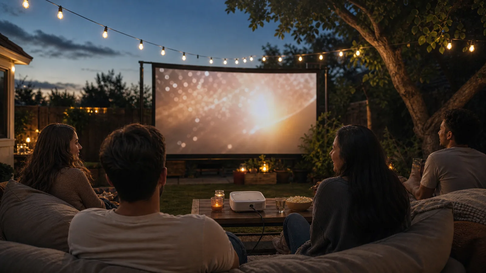 Friends watching a movie projected in a backyard after sunset