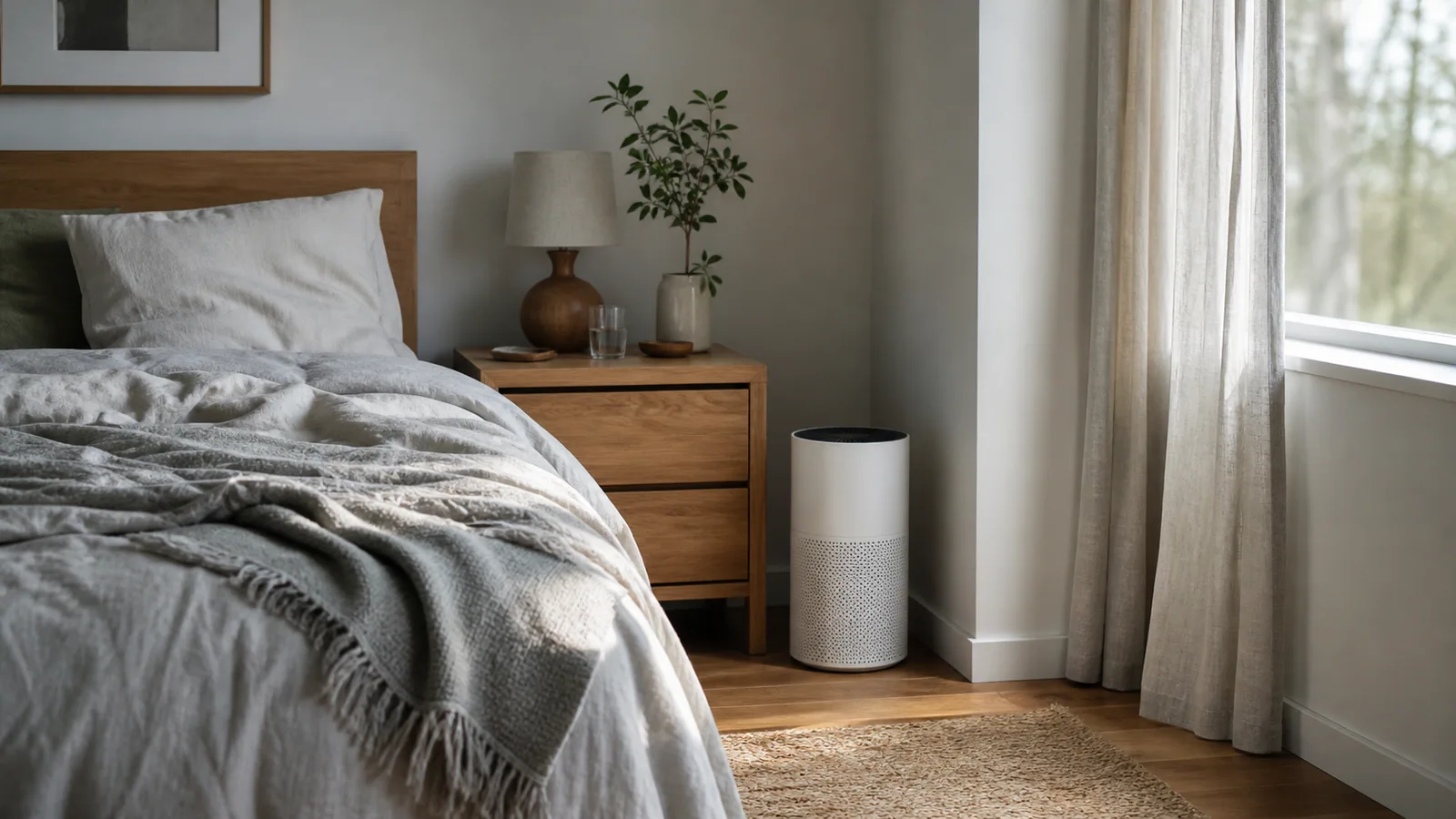 Quiet bedroom with an air purifier beside a nightstand in early morning light