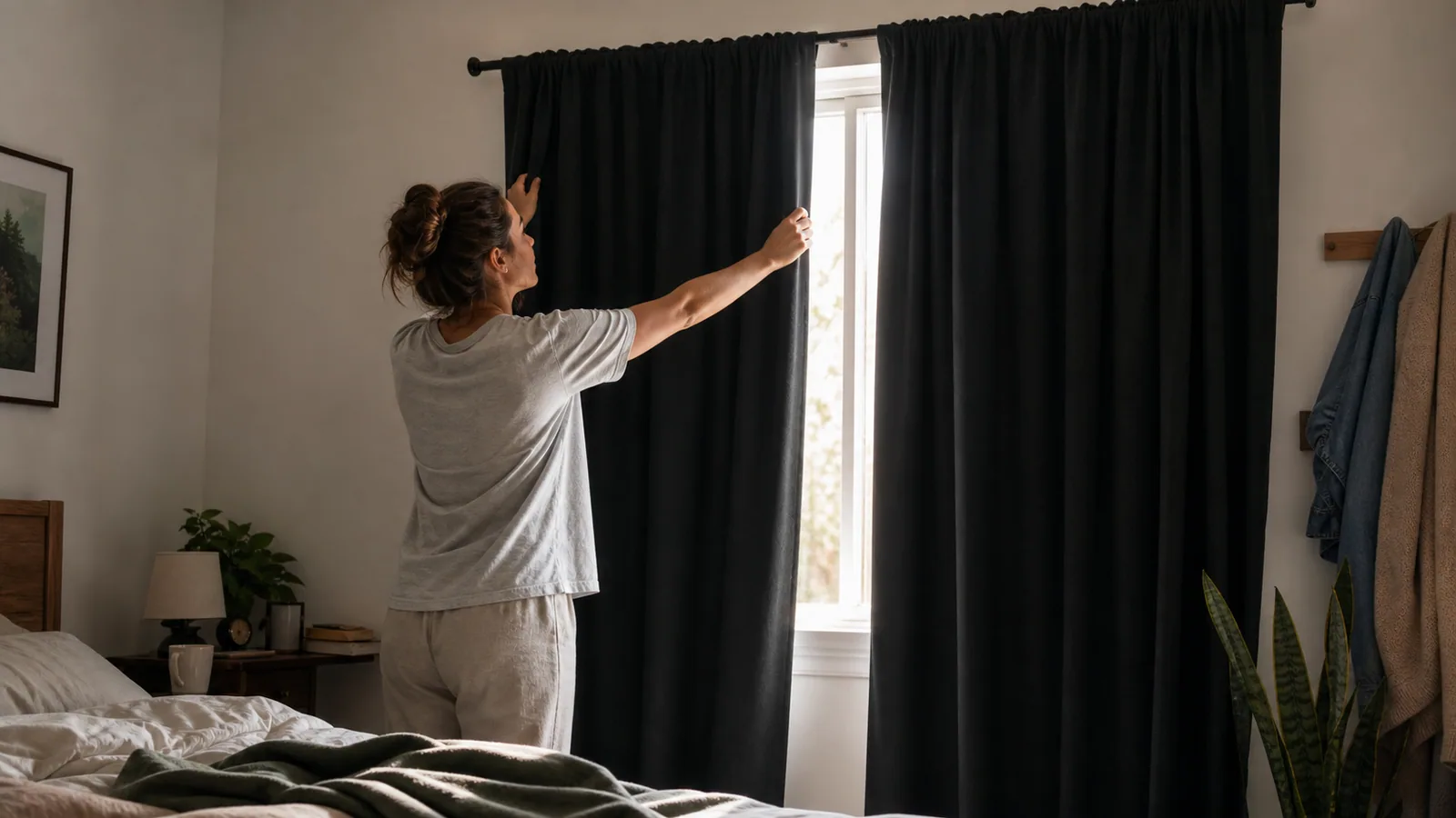 Renter closing dark curtains in a softly lit bedroom
