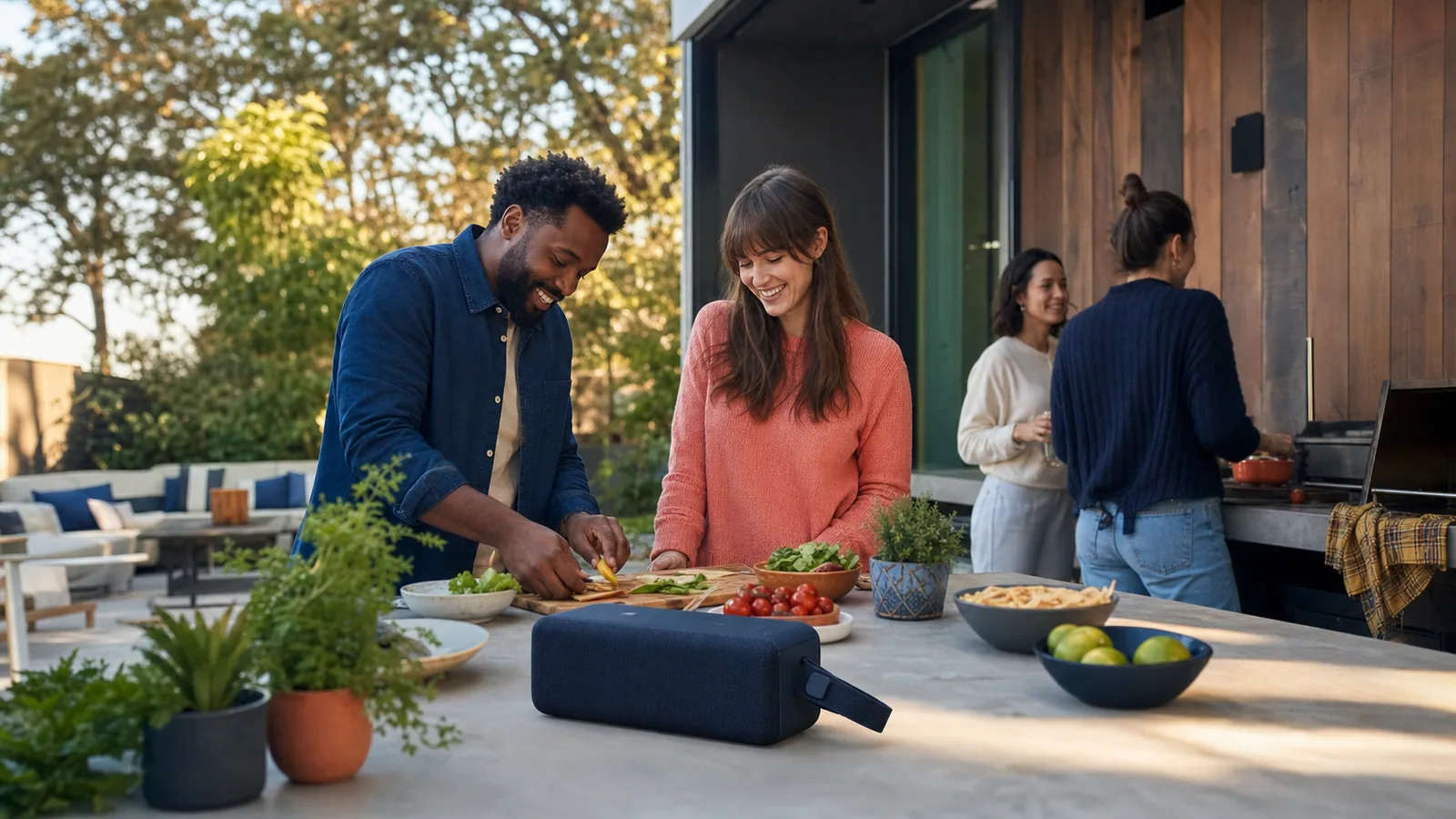 Friends preparing food on a patio with a portable Bluetooth speaker nearby