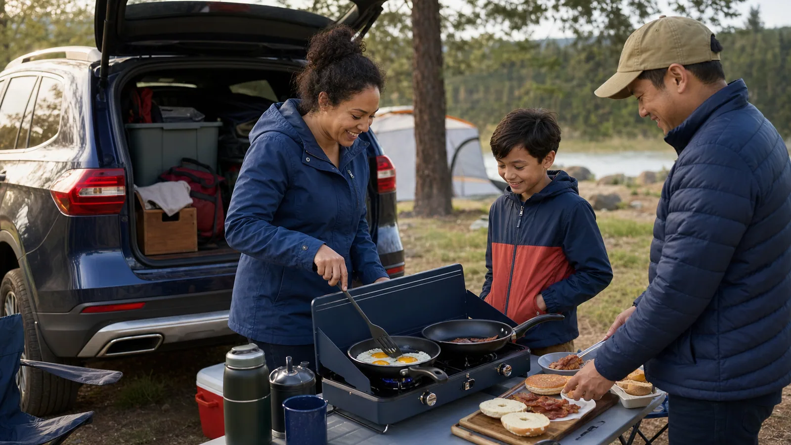 Family cooking breakfast on a two-burner stove at a car campsite