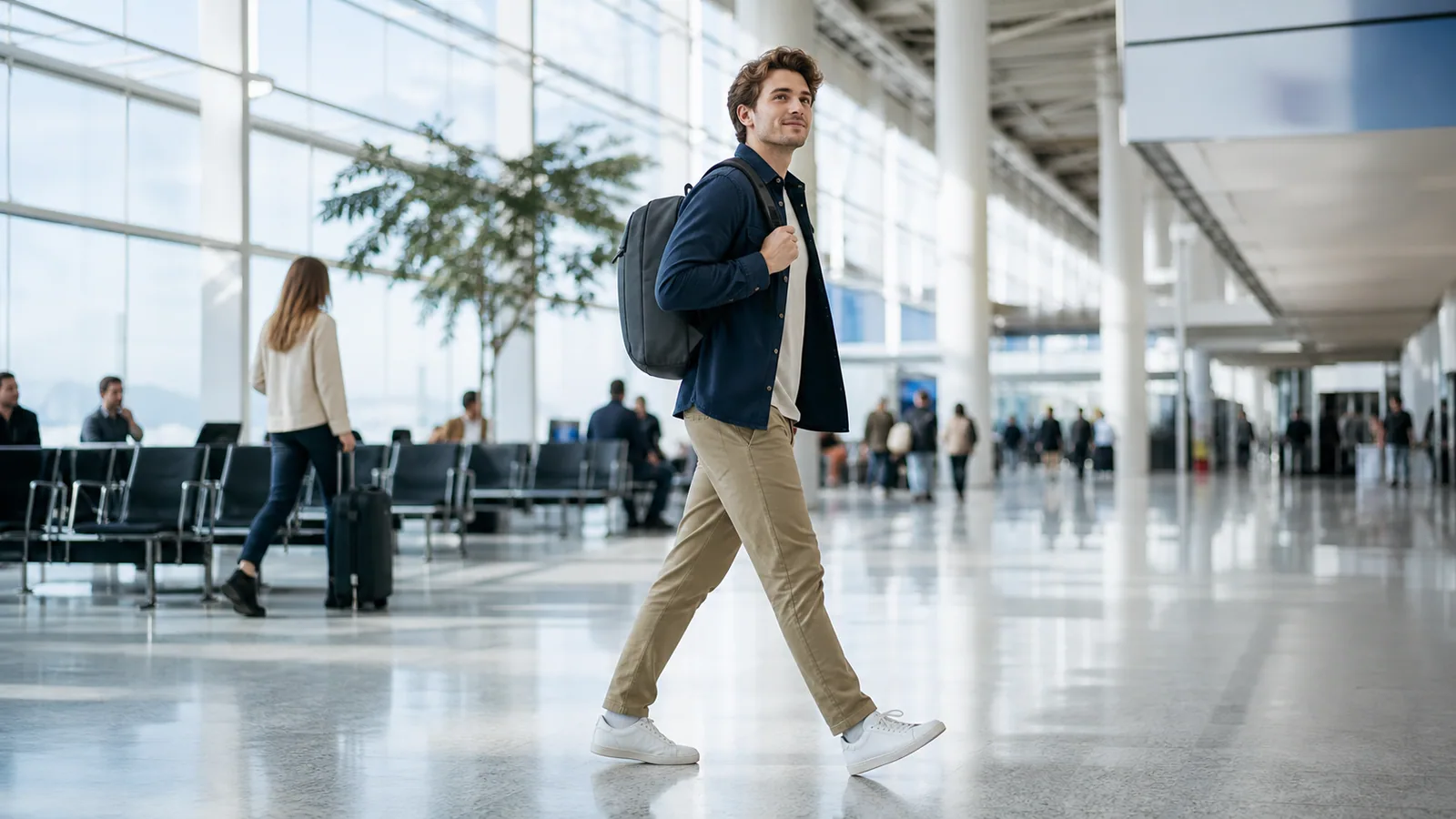 Traveler walking through an airport with a compact carry-on backpack