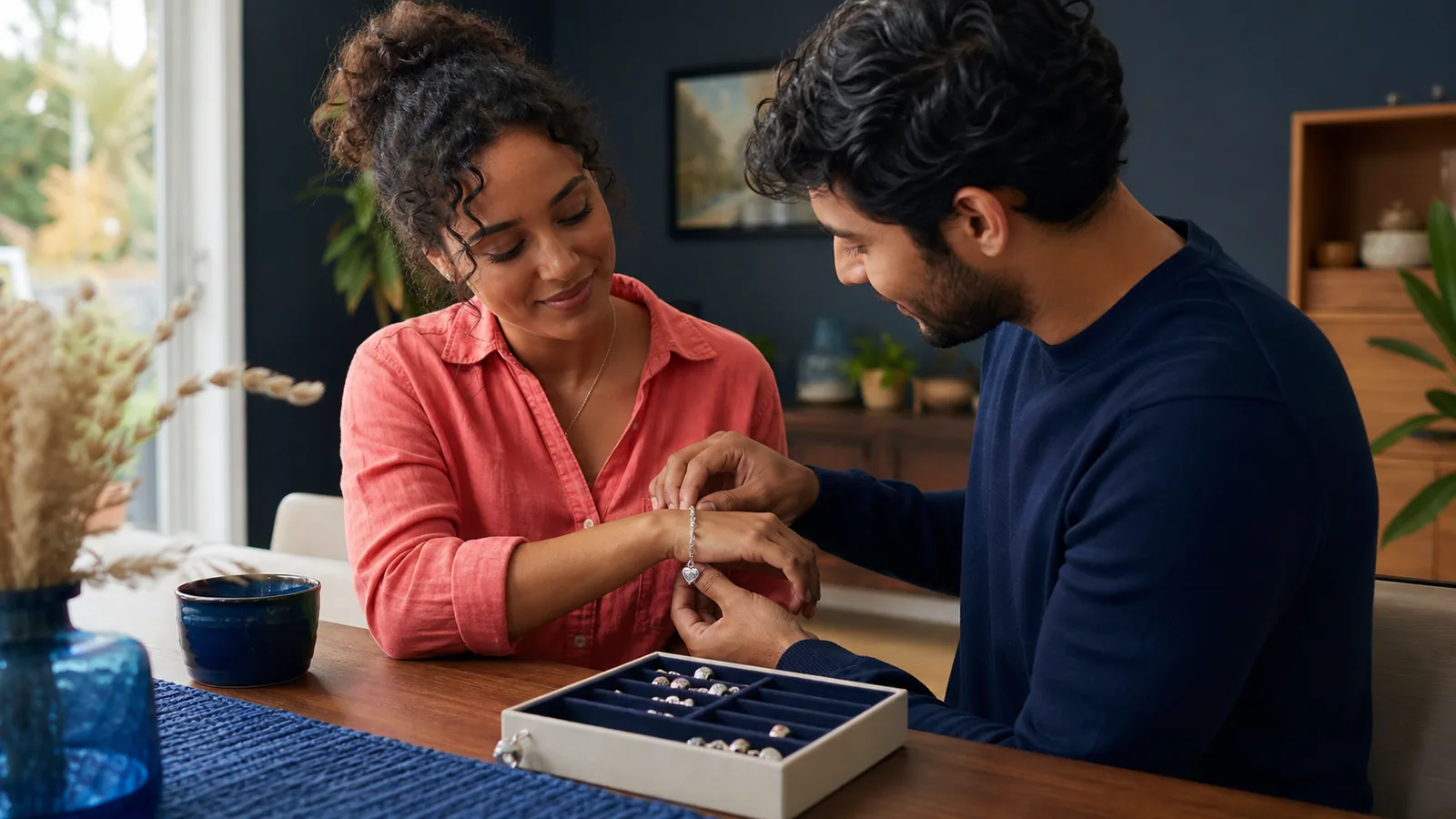 Person adding a meaningful charm to a bracelet at a dining table