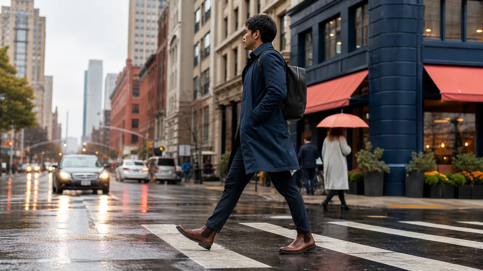 Commuter wearing Chelsea boots while stepping across a wet city crosswalk
