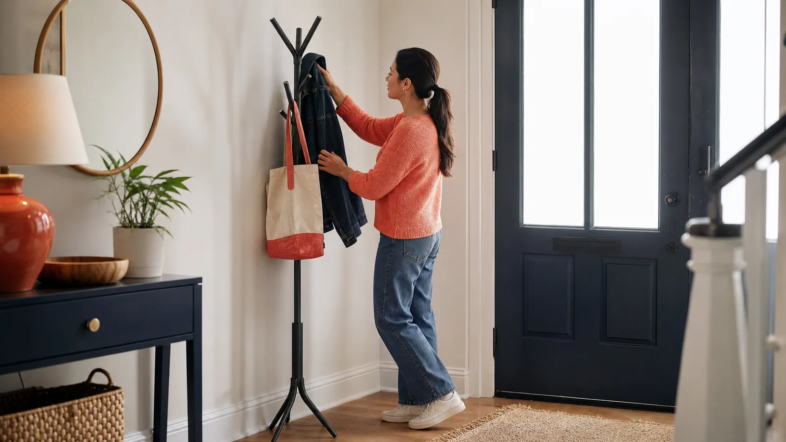Renter hanging a jacket and bag on a slim freestanding coat rack by the door