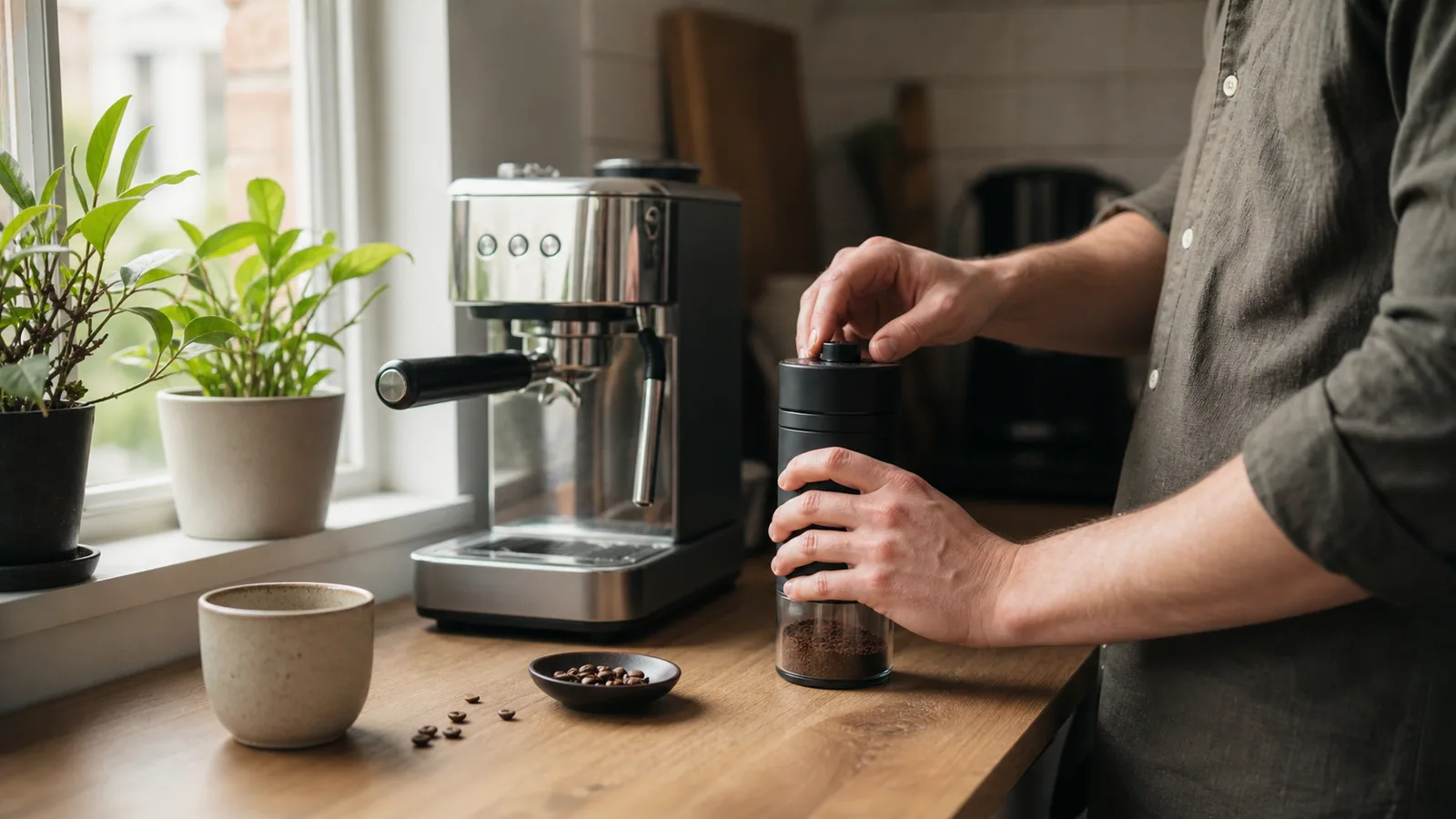 Home coffee maker grinding beans beside an espresso machine in morning light