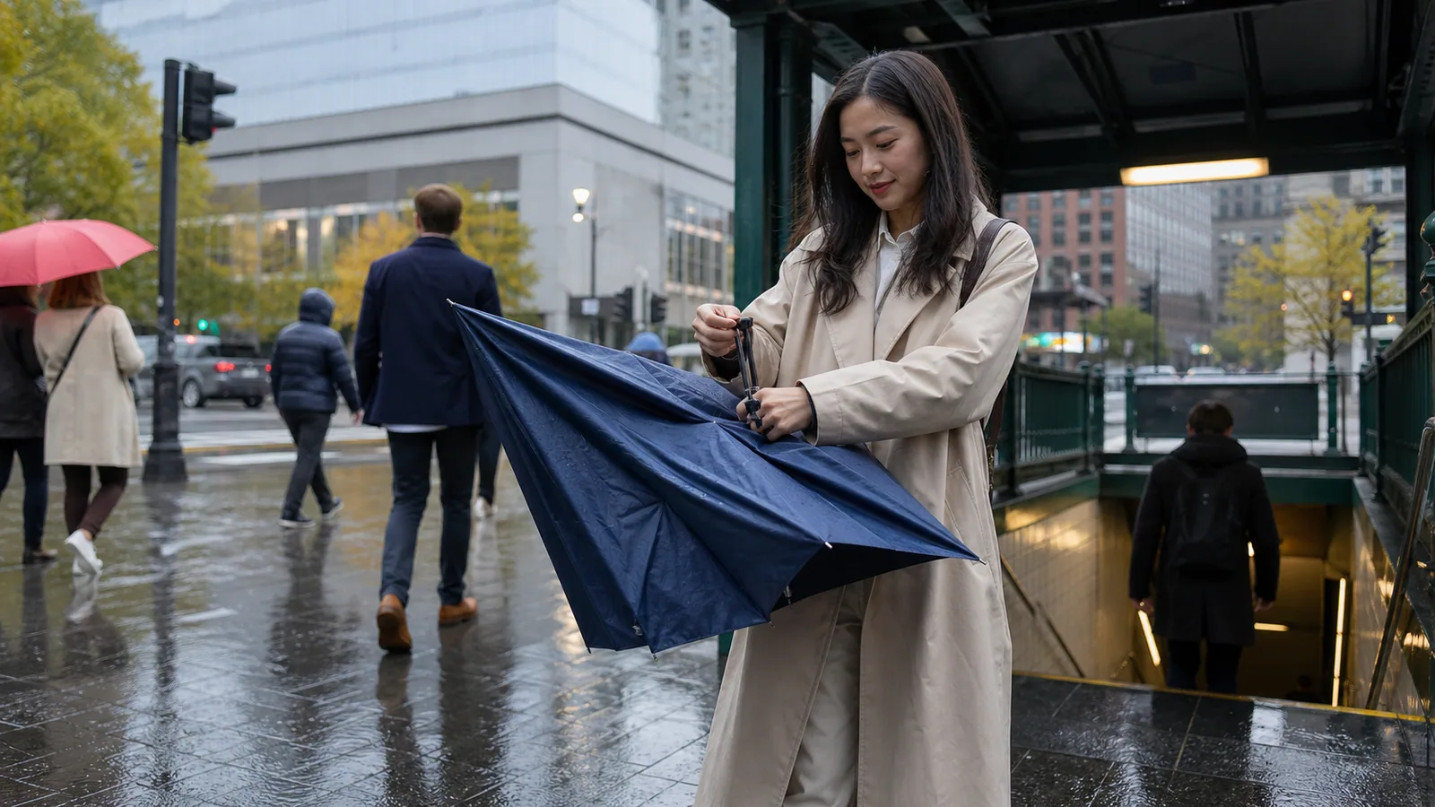 City commuter opening a compact umbrella outside a subway entrance in light rain