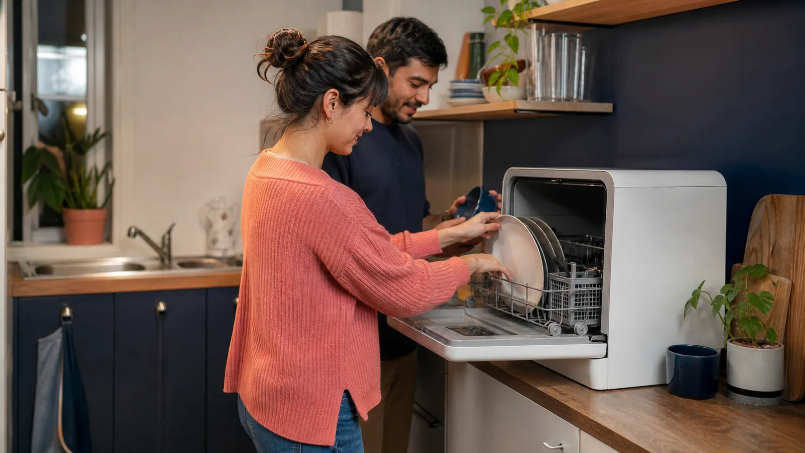 Couple loading a countertop dishwasher in a small rental kitchen after dinner