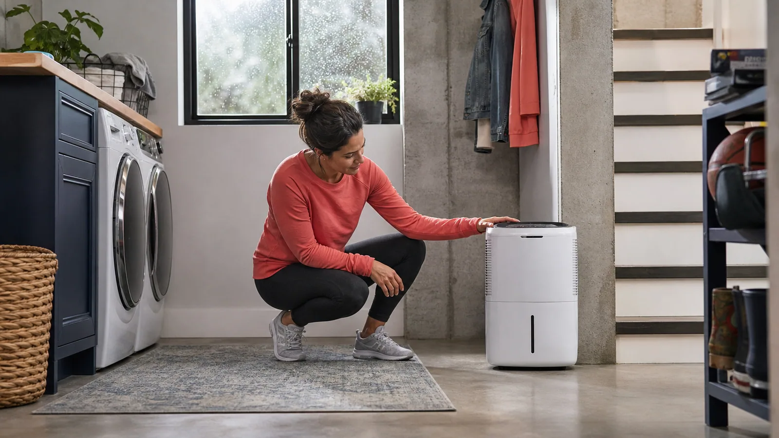 Homeowner checking a dehumidifier in a clean but damp basement laundry area