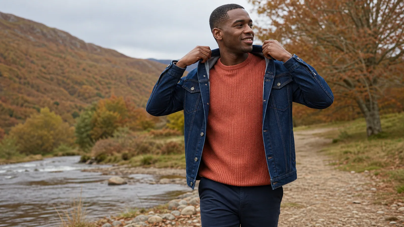 Person layering a denim trucker jacket over a sweater for a weekend walk