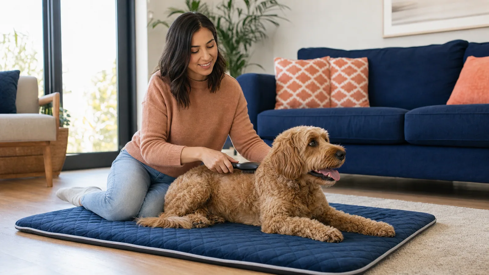 Owner gently brushing a calm dog on a washable mat at home