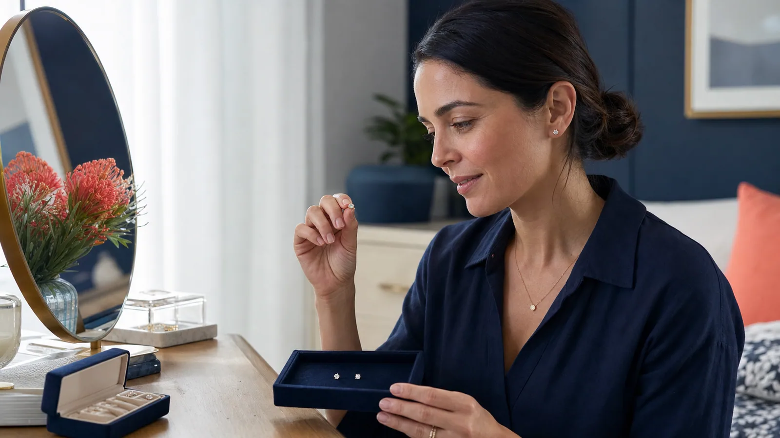Person comparing small diamond stud earrings at a dressing table in daylight