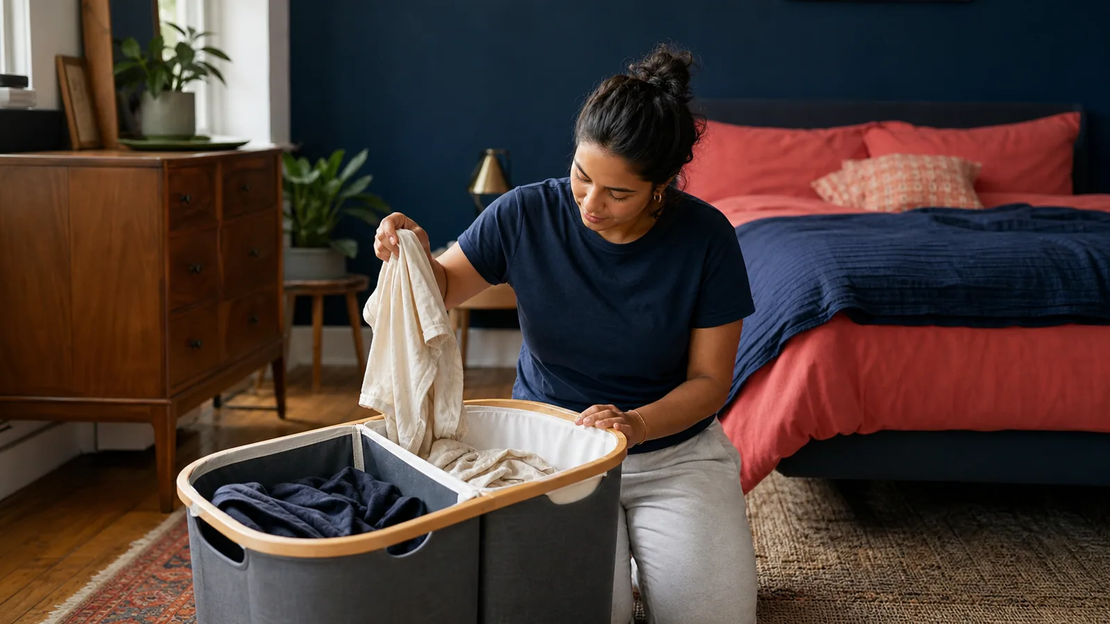 Person sorting light and dark clothing into a divided hamper in a small bedroom