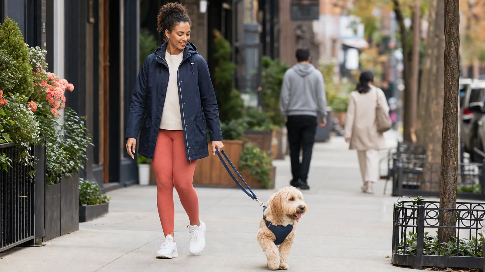 Person walking a dog in a padded harness on a city sidewalk