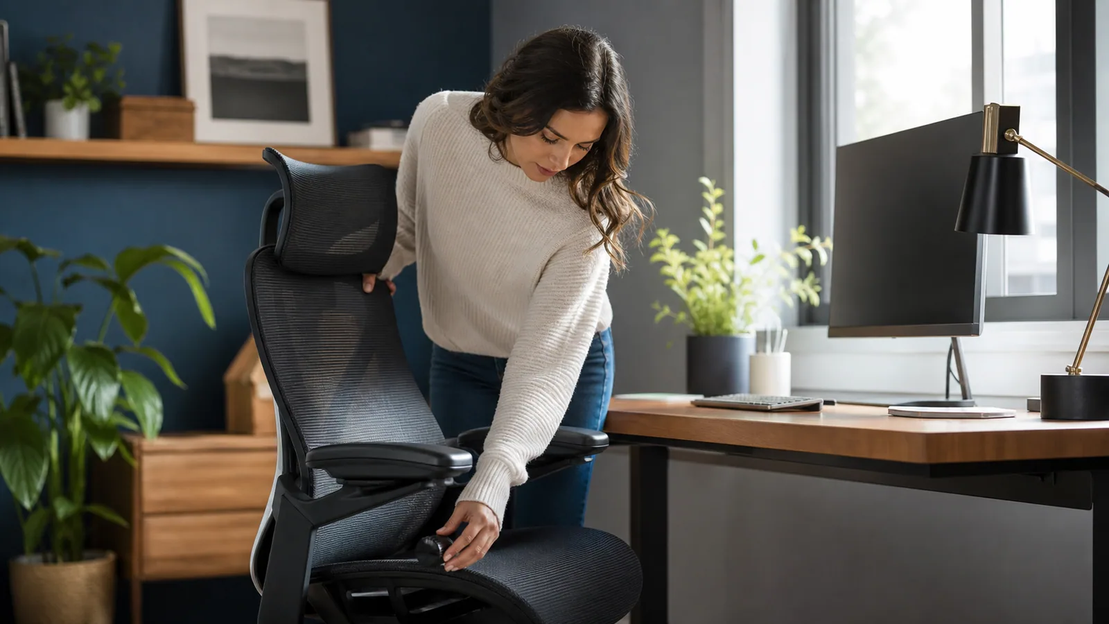 Remote worker adjusting an ergonomic chair in a calm home office