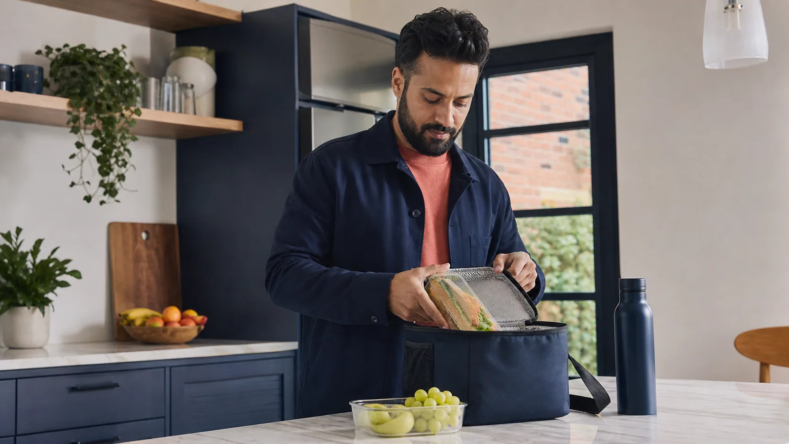 Office worker packing a sandwich and fruit into a freezable lunch bag
