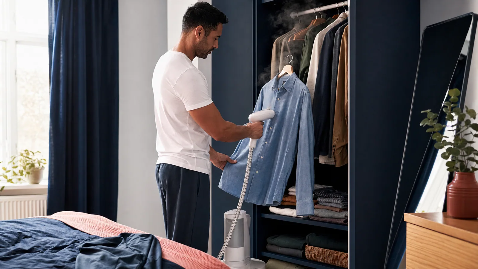 Person steaming a shirt beside a compact bedroom wardrobe before work