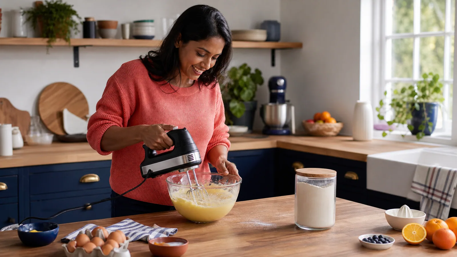 Home baker mixing cake batter with a hand mixer on a weekend afternoon