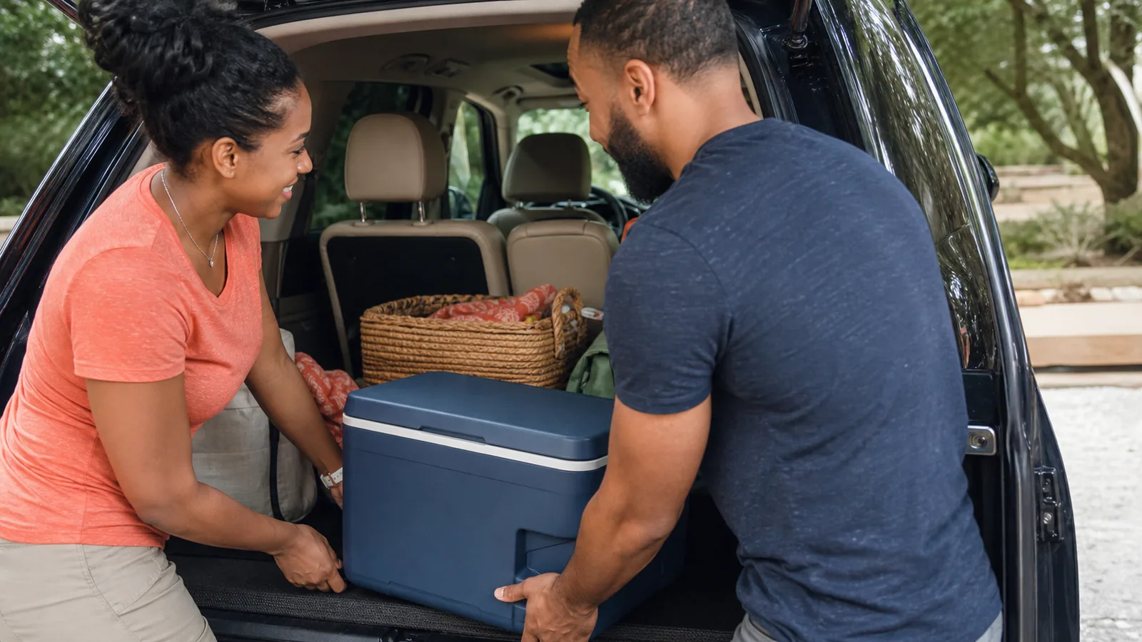 Couple loading a hard cooler behind a car seat for a road-trip picnic