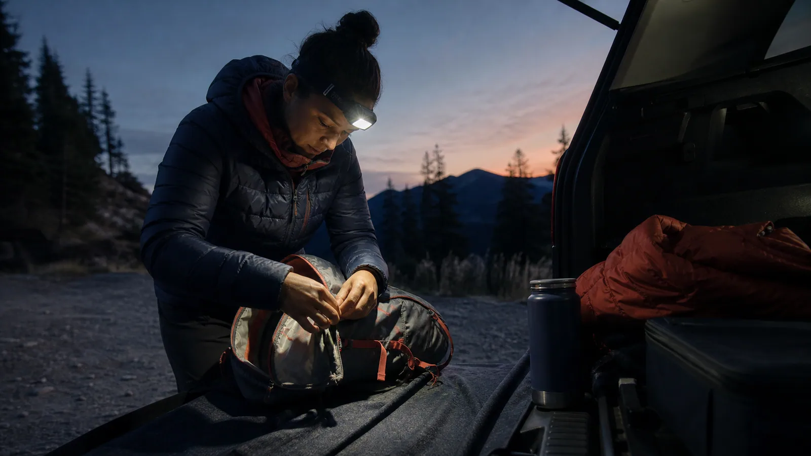 Hiker using a headlamp while organizing gear before sunrise