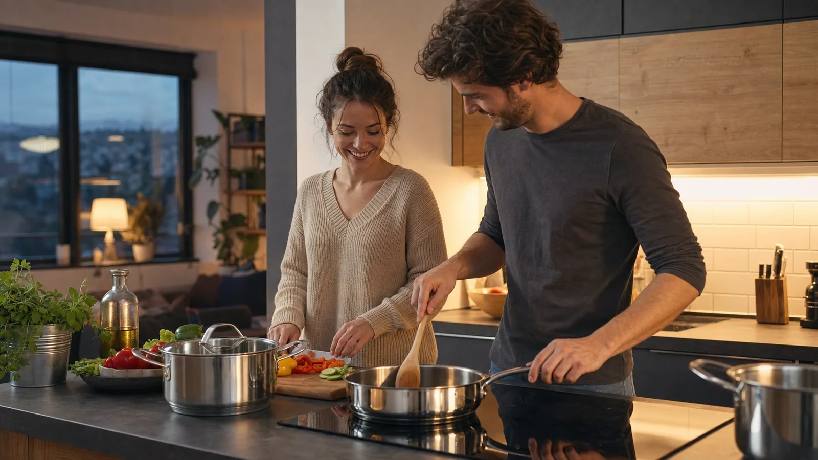 Young couple cooking together with stainless cookware in a first apartment