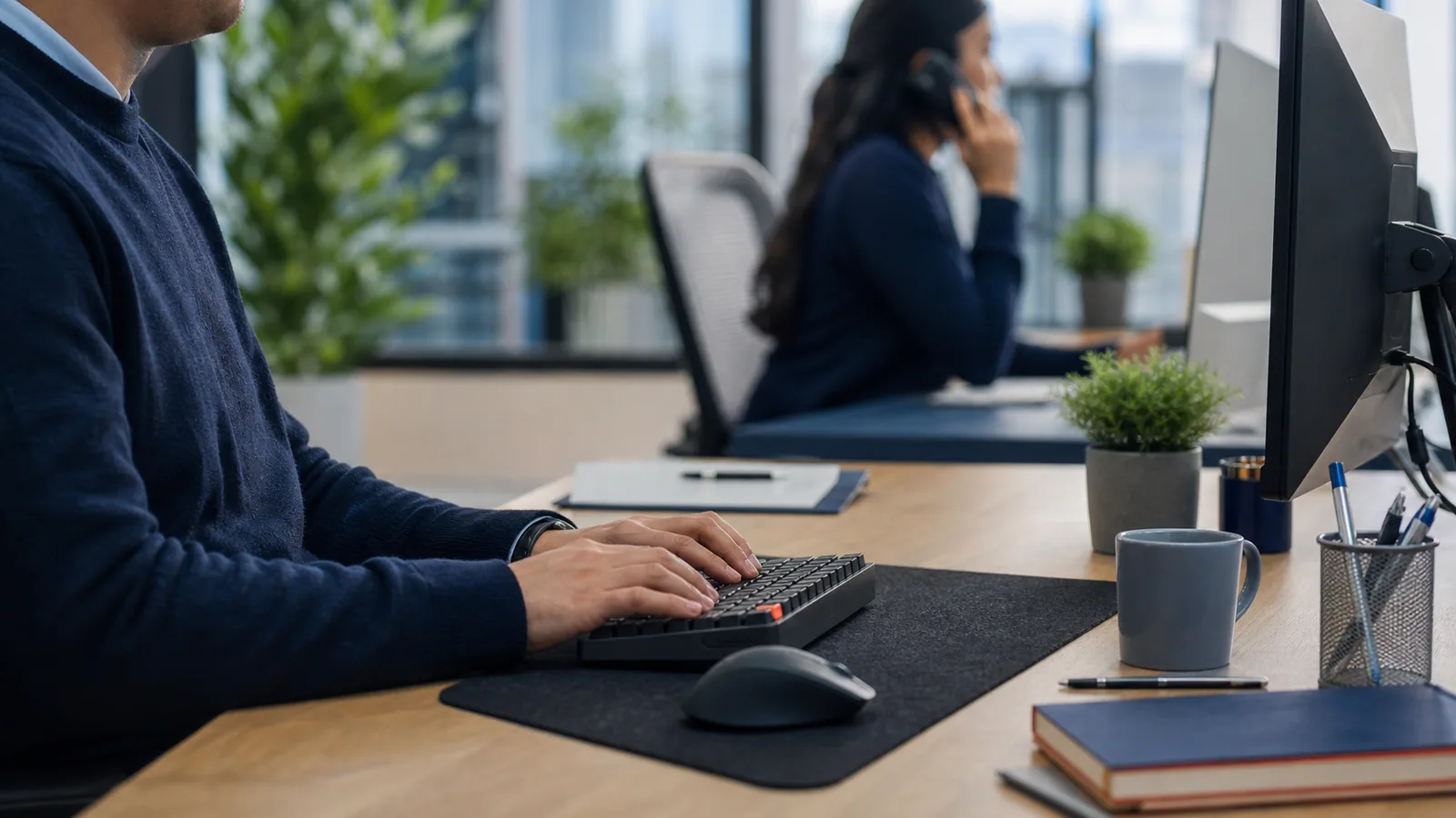 Person typing on a compact mechanical keyboard in a shared office