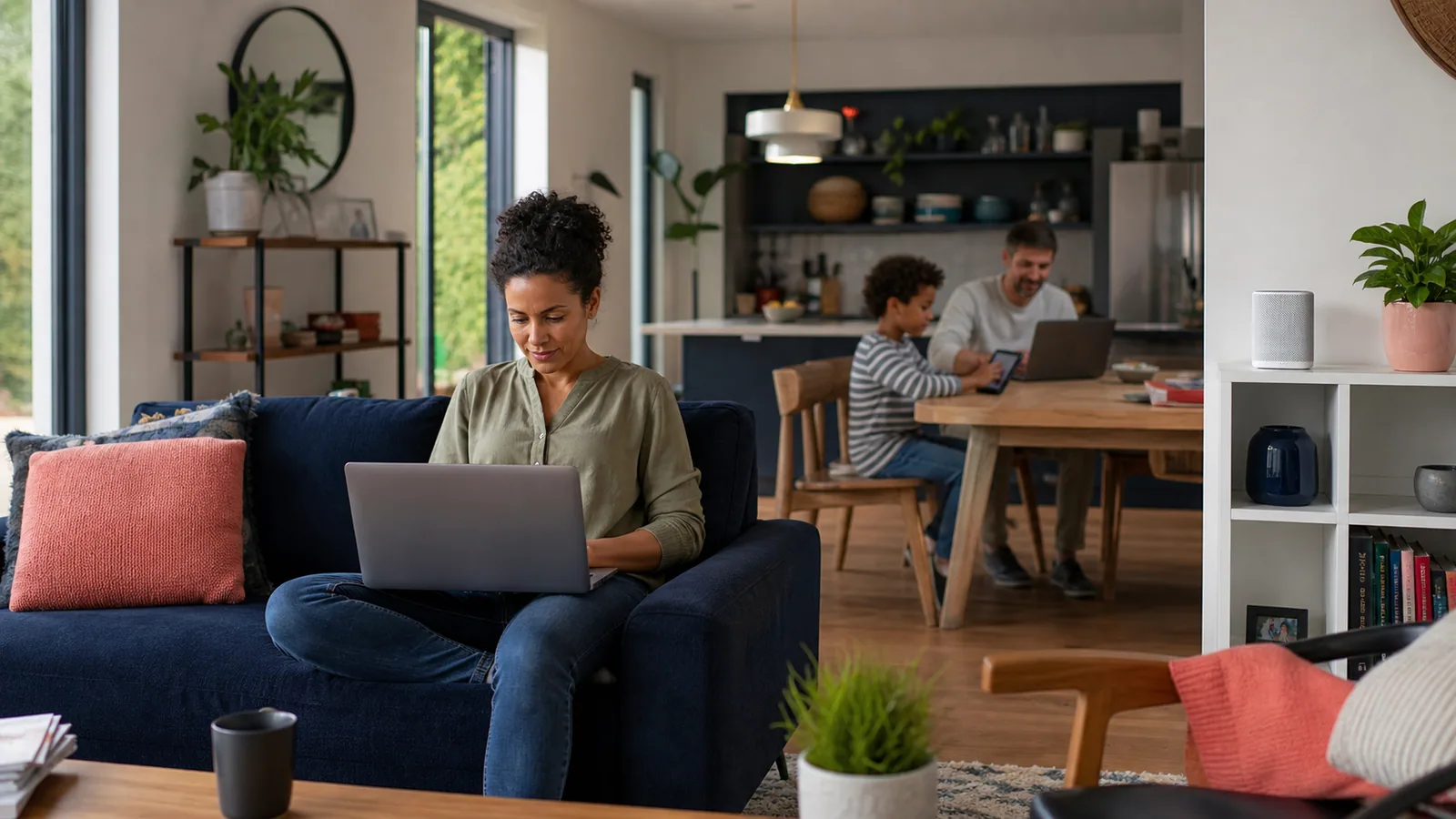Family using connected devices in a long open-plan home with a mesh router