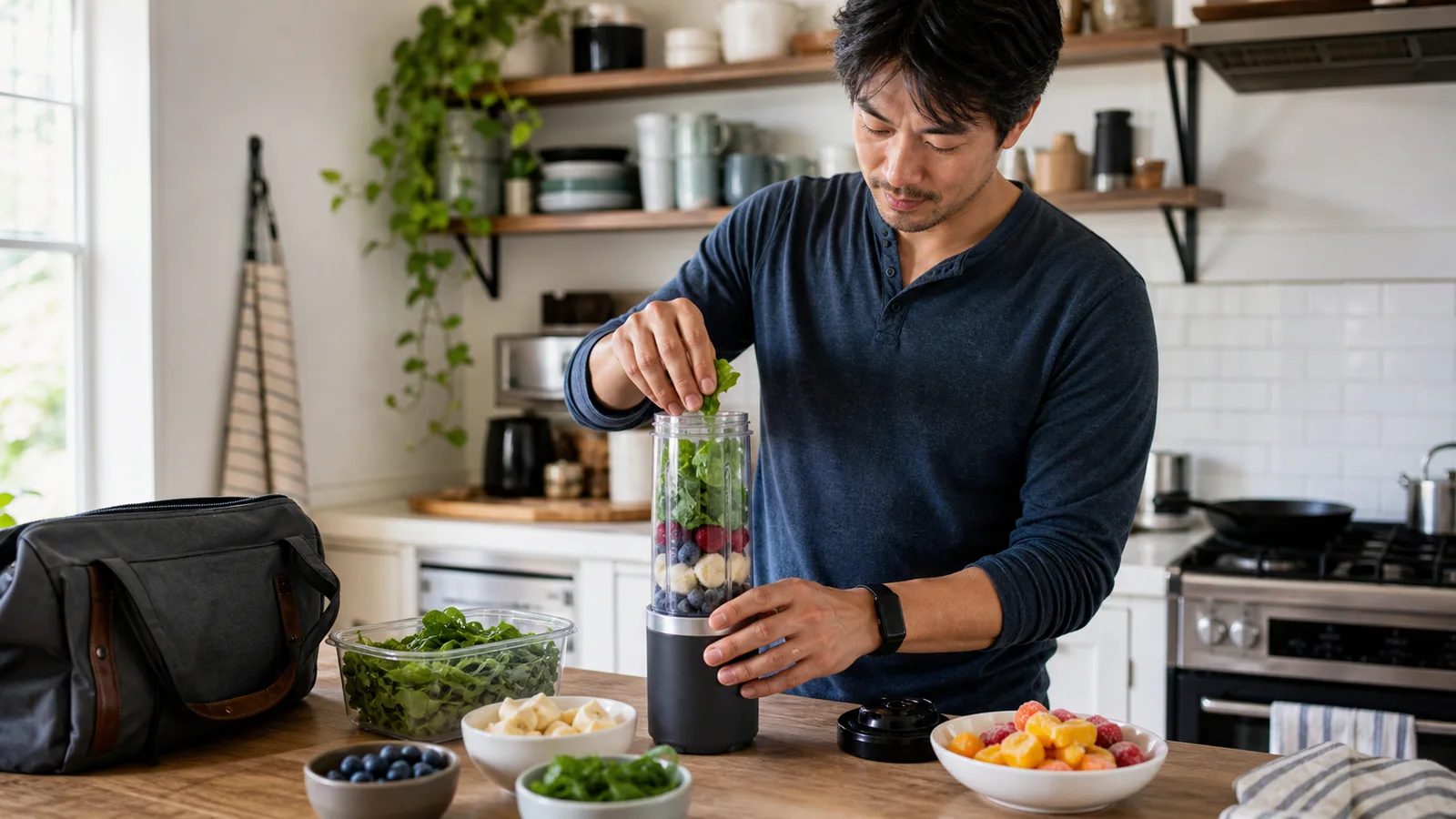 Busy person blending a breakfast smoothie in a compact kitchen