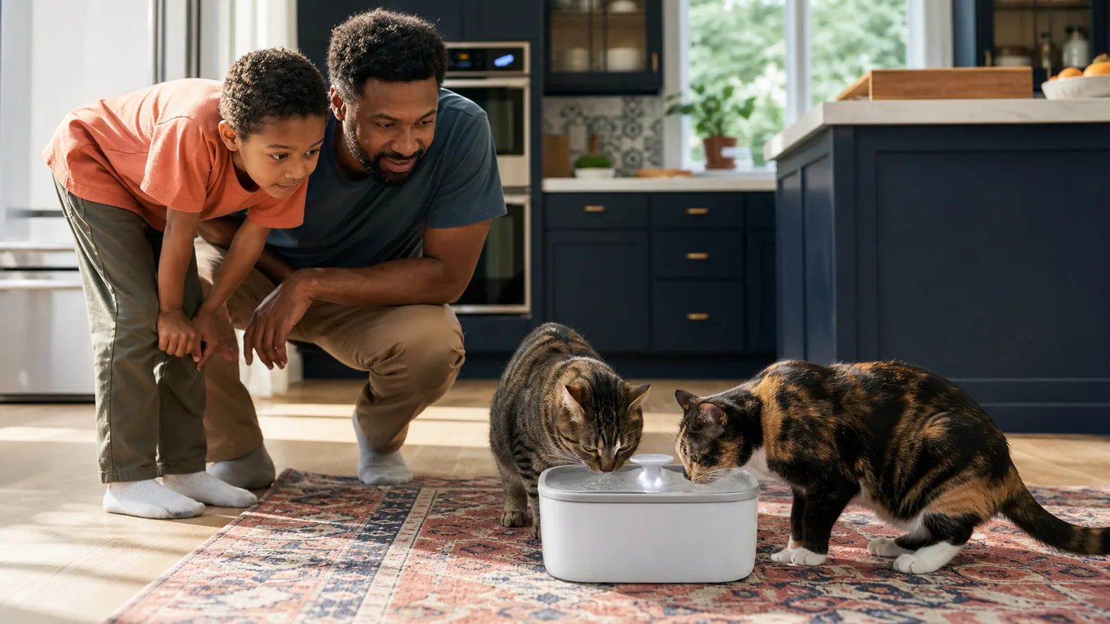 Two cats drinking near a pet water fountain in a sunny kitchen
