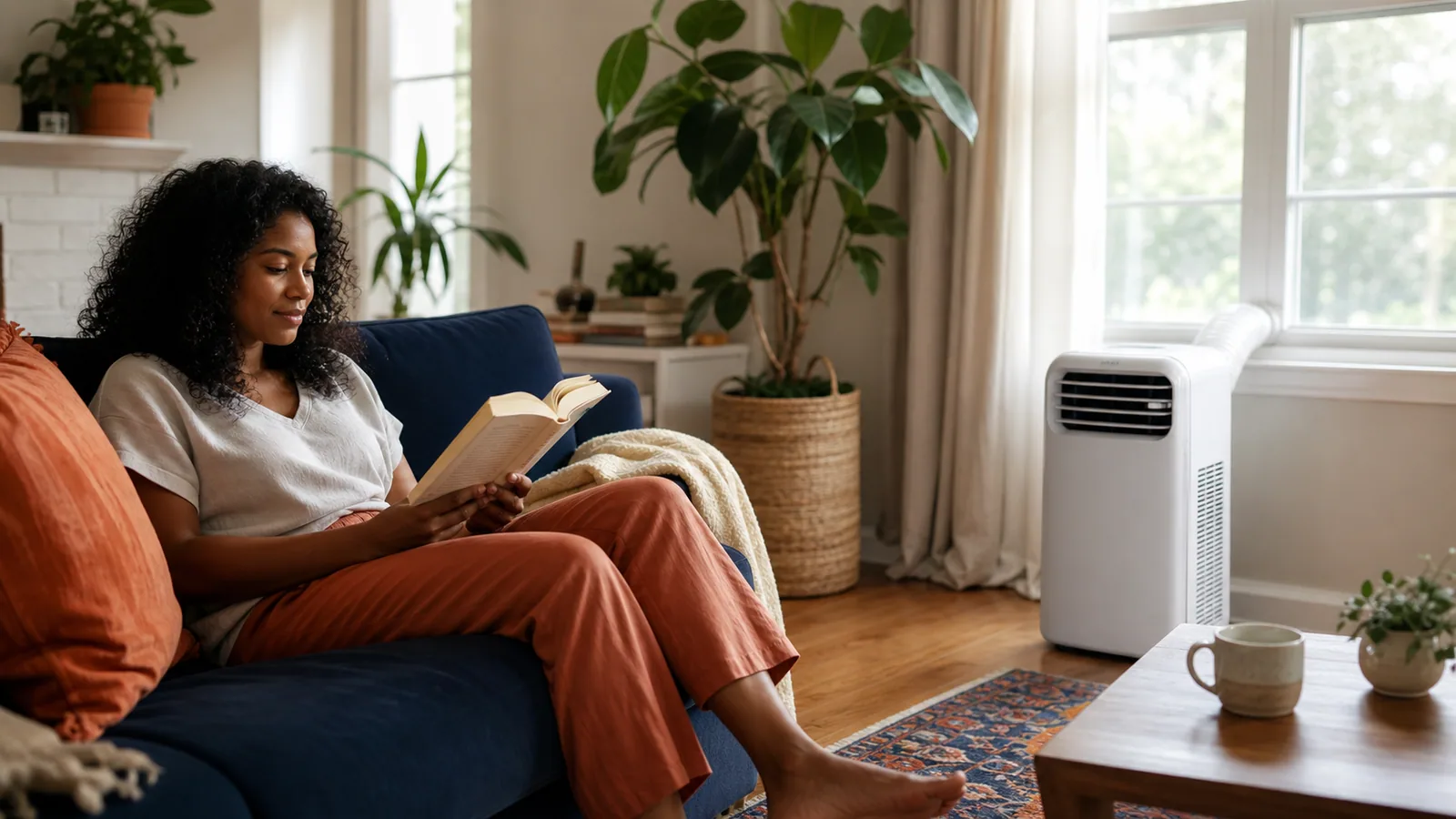 Renter relaxing in a living room cooled by a portable air conditioner
