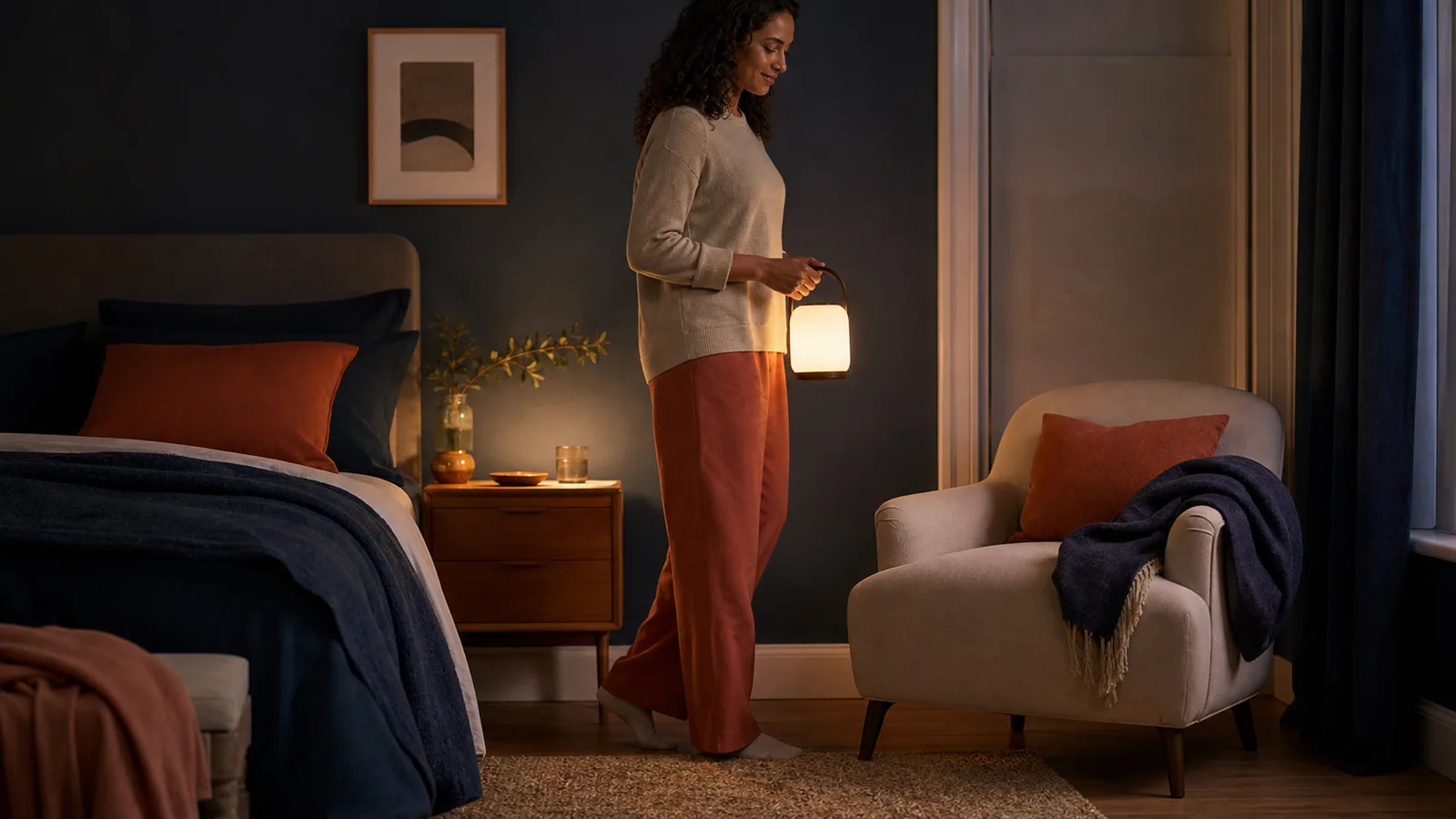 Person carrying a glowing portable table lamp from bedside to a reading chair