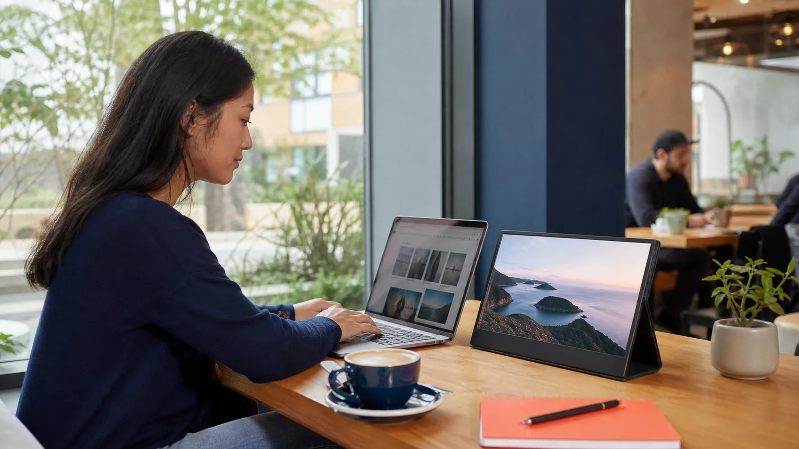 Remote worker using a portable monitor beside a laptop in a quiet cafe