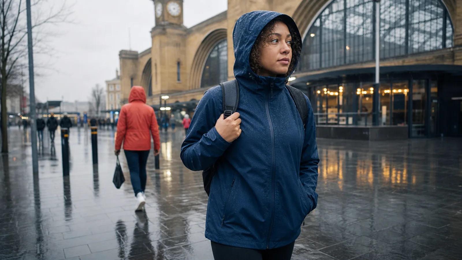 Commuter wearing a rain shell while walking to a train station