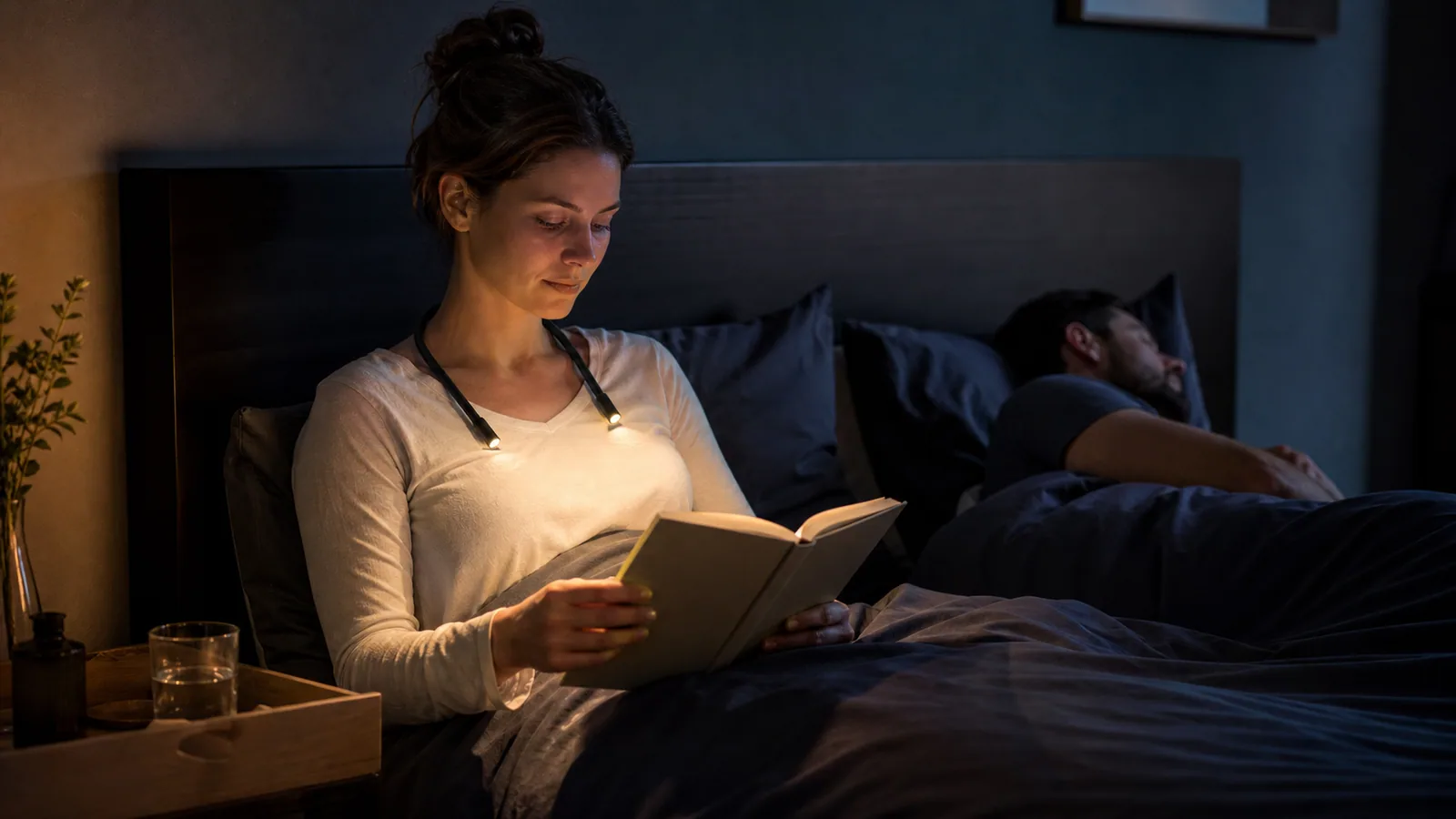 Reader using a warm neck light in bed while their partner sleeps