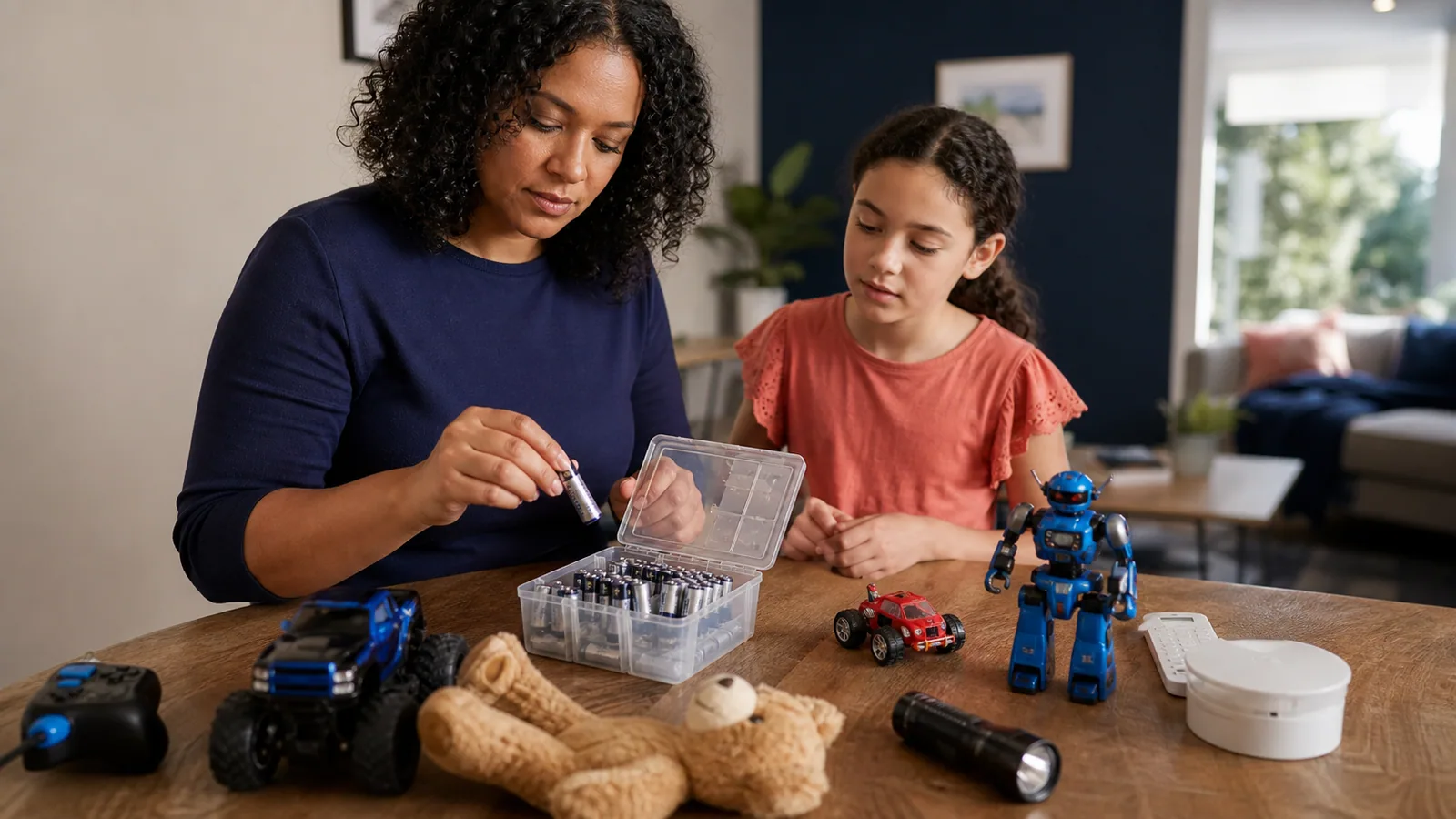 Parent organizing charged rechargeable batteries for toys and household devices