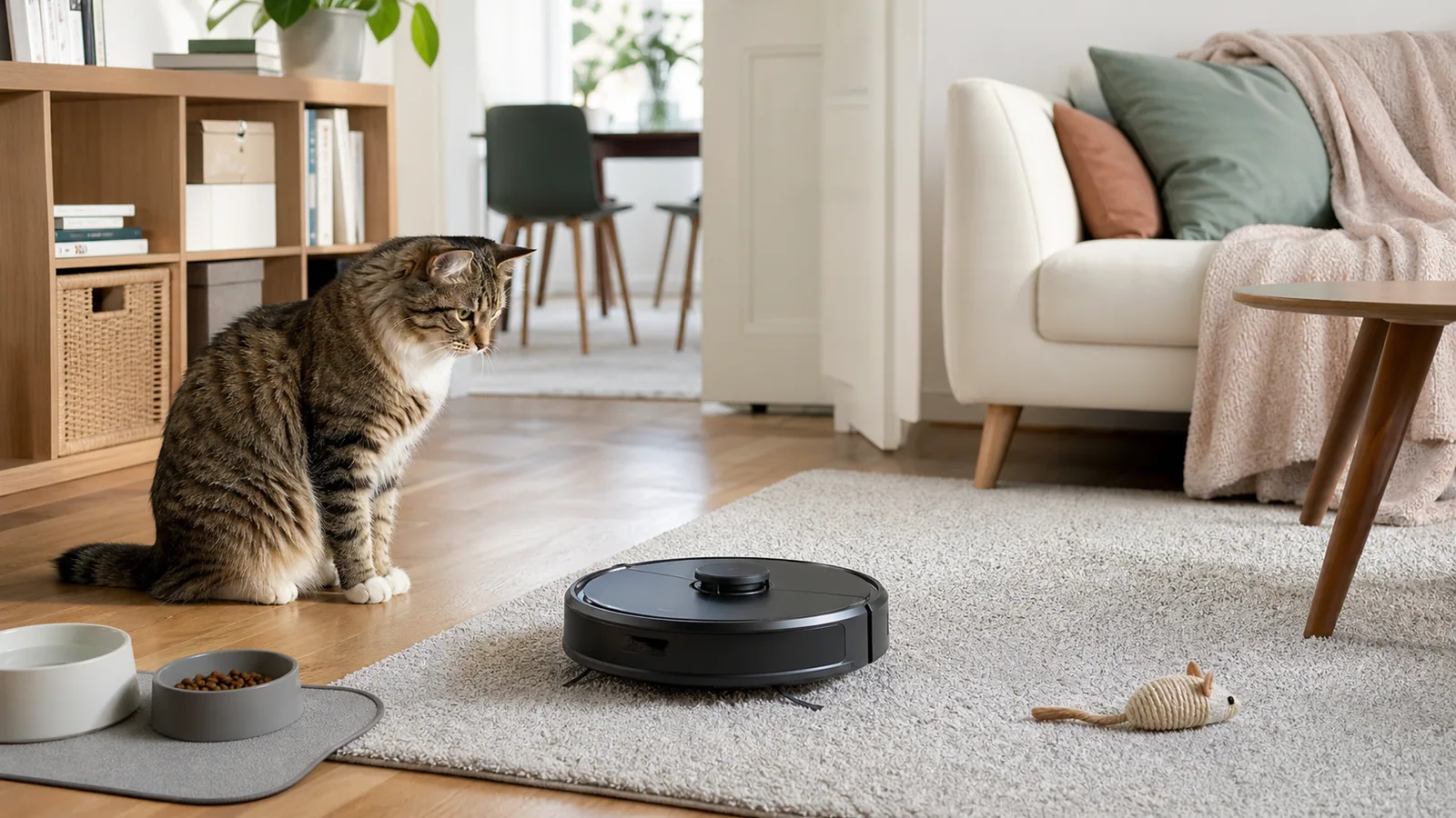 Cat watching a robot vacuum clean a bright apartment living room