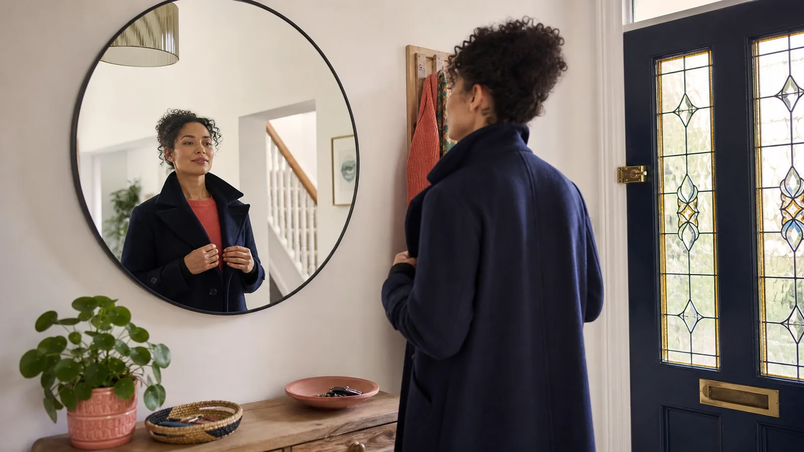 Person checking their coat in a round wall mirror in a narrow entryway