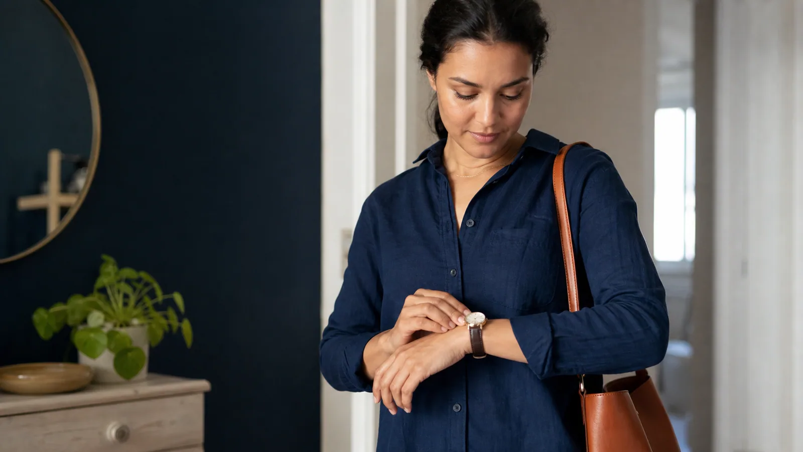 Person fastening a small classic watch before leaving home