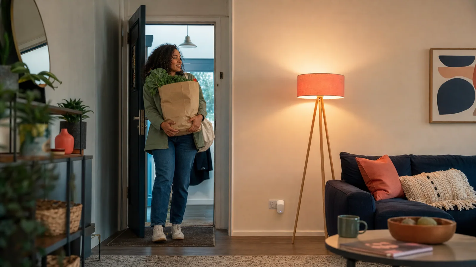 Person turning on a living room lamp with a phone while arriving home