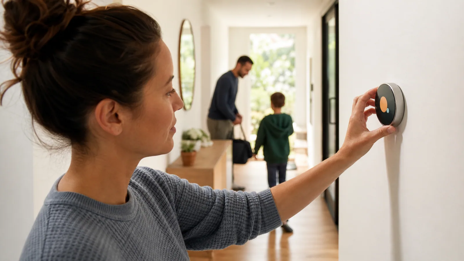 Parent adjusting a smart thermostat in a busy family hallway