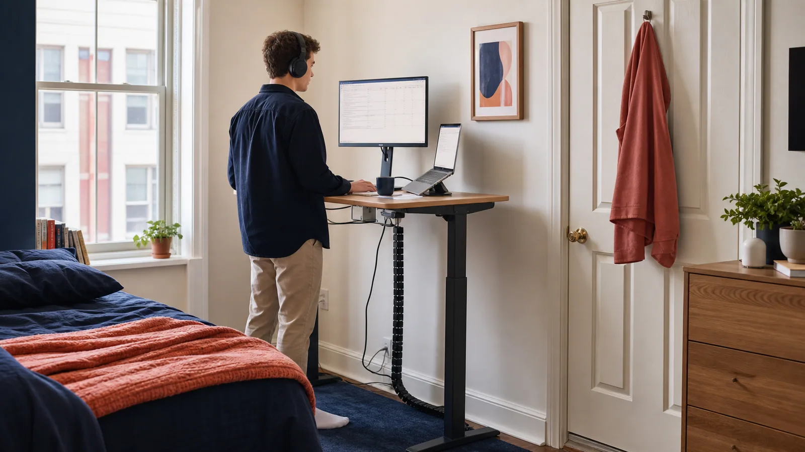 Compact standing desk set up in a small apartment bedroom office
