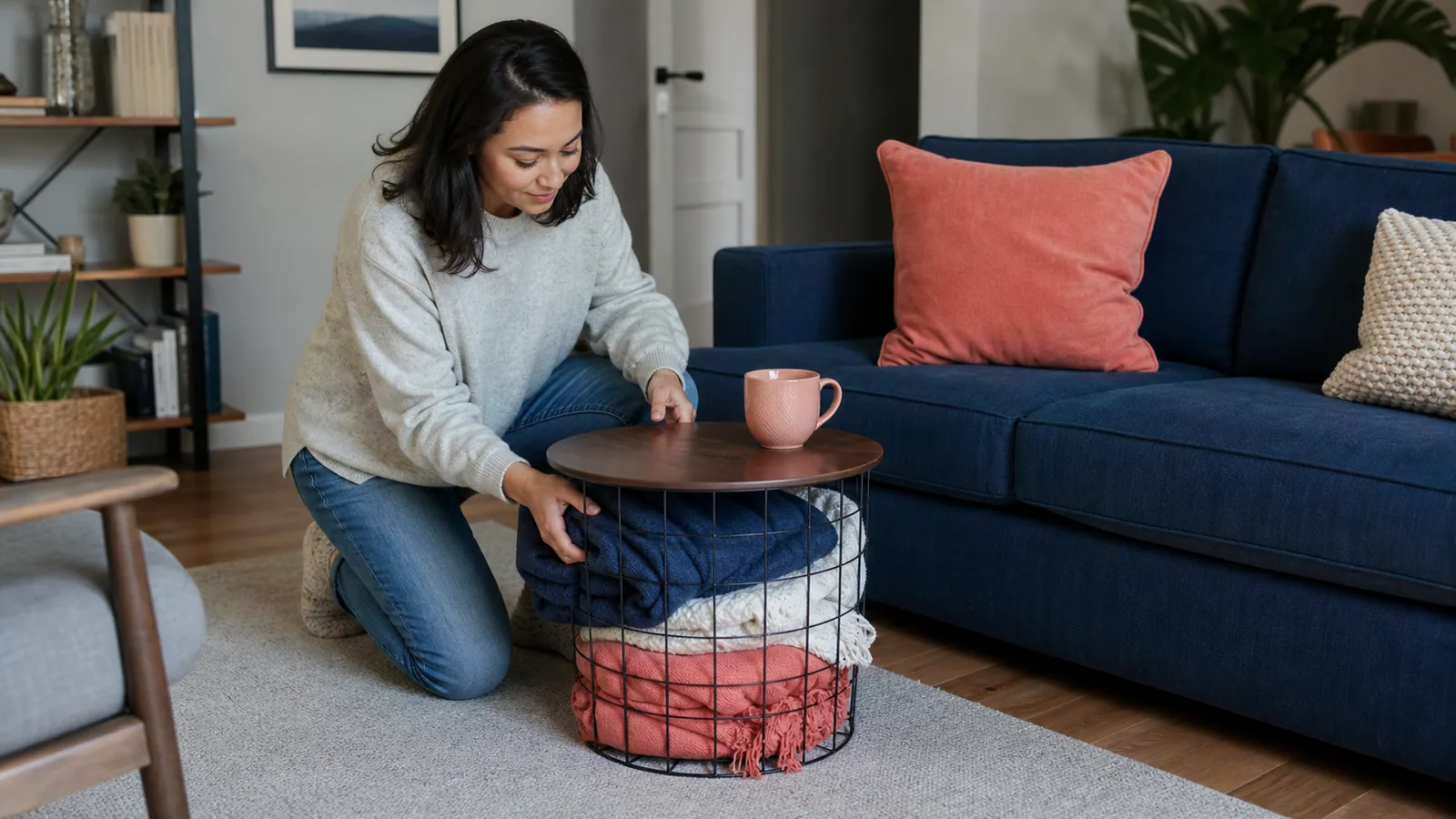 Small living room with blankets stored inside a round wire storage table