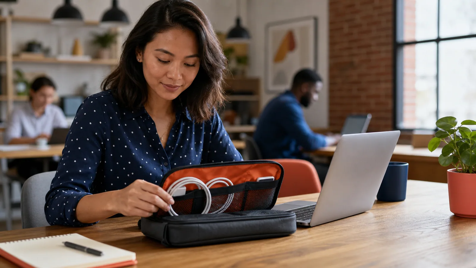 Hybrid worker opening a cable organizer beside a laptop at a shared desk
