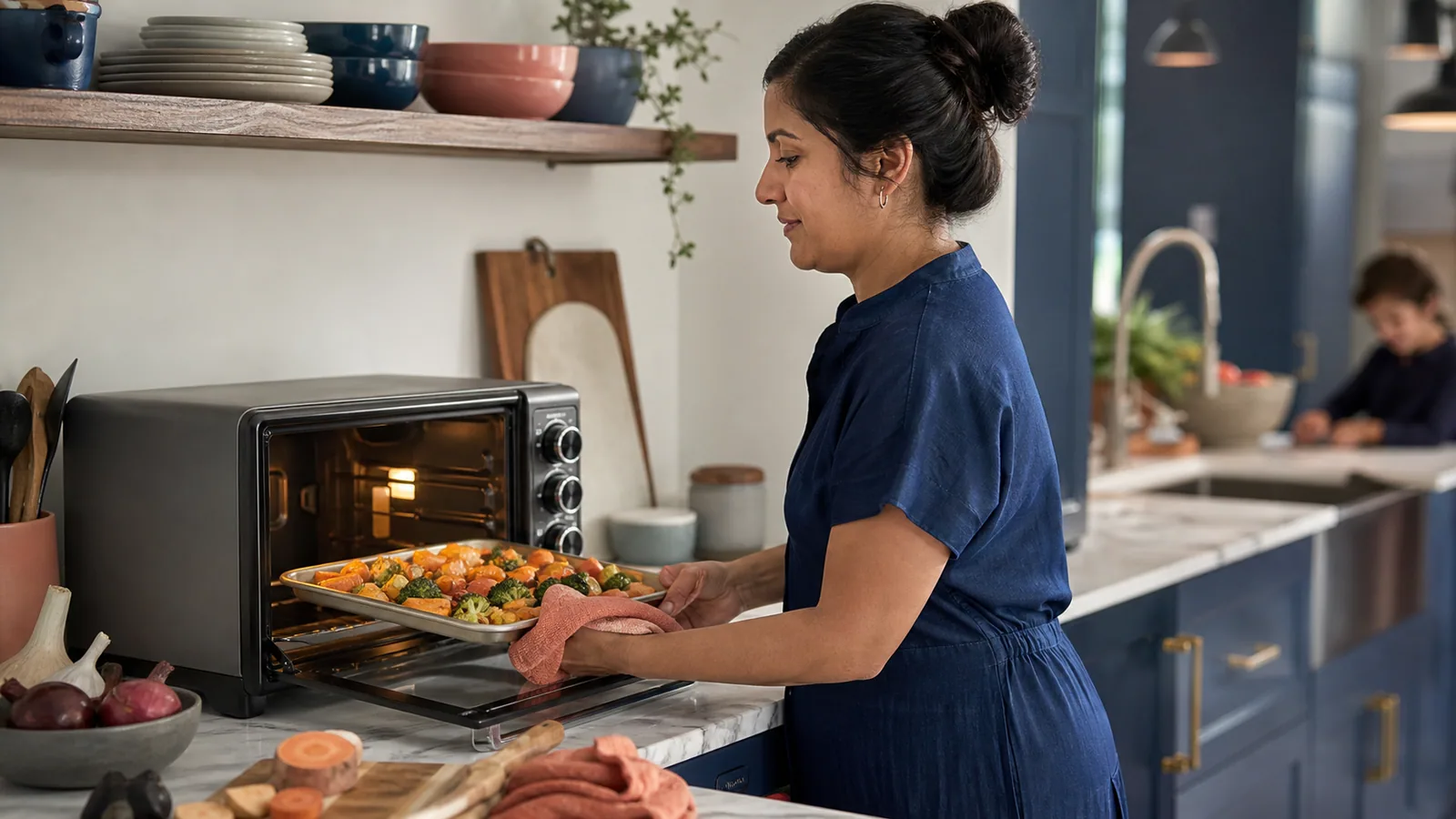 Parent preparing a quick family dinner with a countertop toaster oven