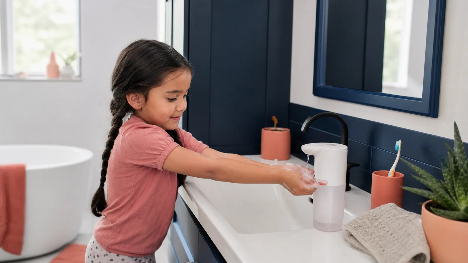 Child washing hands at a family bathroom sink with a touchless soap dispenser