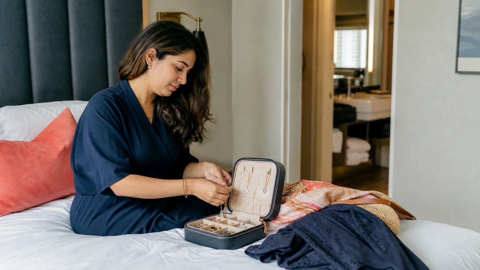 Traveler arranging necklaces and earrings in a jewelry organizer on a hotel bed