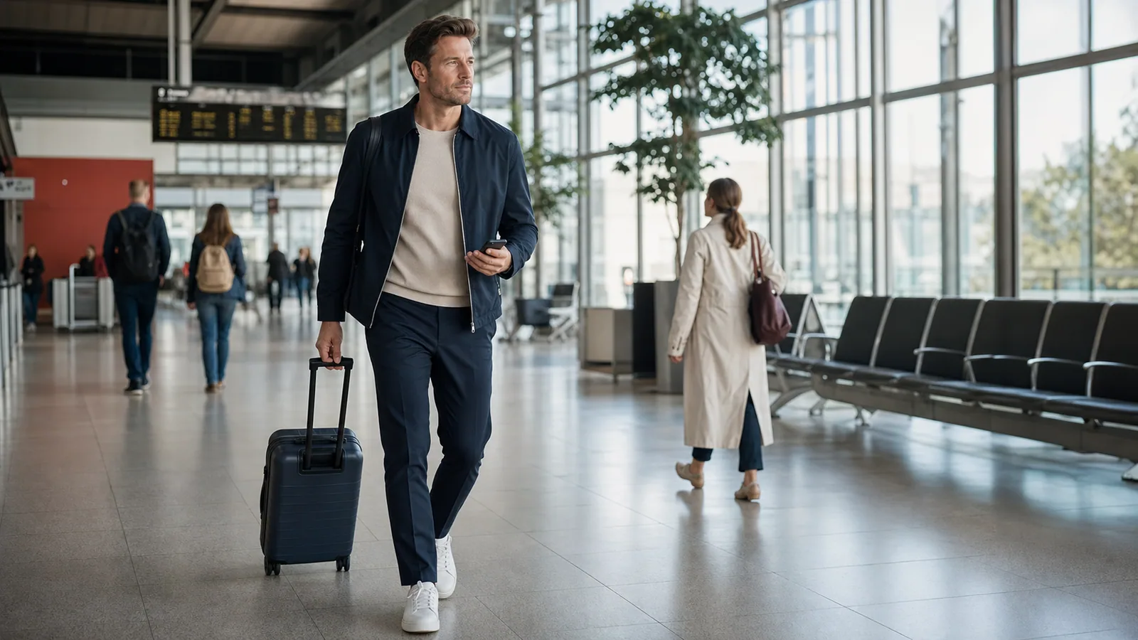 Business traveler walking through an airport in comfortable trousers with a carry-on